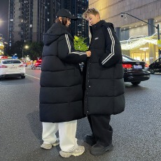 批发冬季连帽两条杠潮牌设计感大码宽松<b class='q'>羽绒服</b>男女过膝<b class='q'>中长款</b>棉服外套