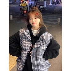 批发美式复古蓝色格子立领<b class='q'>马甲</b>棉服外套<b class='q'>男</b>女秋冬潮流宽松保暖叠穿棉衣