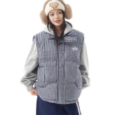 批发2025新款宽松蓝色格子立领<b class='q'>马甲</b>棉衣棉服外套女秋冬加厚棉袄<b class='q'>马甲</b>