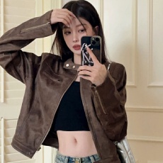 批发美式复古做旧咖啡色短款<b class='q'>夹克</b>外套2025春季<b class='q'>新款</b>辣妹百搭立领PU皮衣