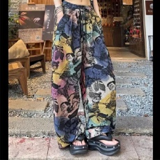 批发扎染渐变魔童哪吒印花阔腿卫裤<b class='q'>女</b>夏季高腰显瘦休闲直筒拖地长裤子