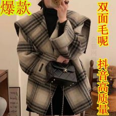 批发爆款双面呢子新款格子海军领<b class='q'>大</b>衣<b class='q'>女</b>短款宽松百搭毛呢<b class='q'>外套</b>