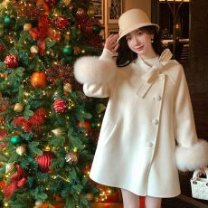 批发南洋千金毛呢外套女冬装新款小个子高级感法式贵气白色斗篷呢大衣