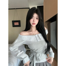 批发设计感假两件一字肩长袖<b class='q'>T</b><b class='q'>恤</b>女秋冬新款<b class='q'>时尚</b>条纹拼接绑带<b class='q'>衬衫</b>上衣