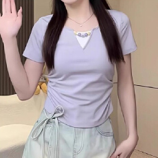 批发夏装短袖百褶修身打底衫韩版简约风高级感假两件百搭女上衣T恤衫