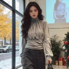 批发大码灰色半高领灯笼袖上衣女2026早春新款t恤绝美掐腰内搭打底衫