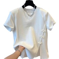 纽扣纯色圆领短袖T恤女2026年夏季新不规则中式拼接下摆开叉上衣