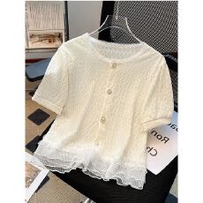 批发法式小香风短袖<b class='q'>衬衫</b>女夏装新款大码胖mm短款蕾丝花边上衣漂亮小衫