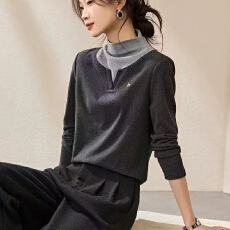 批发2026春秋新款半高领长袖T恤女设计感小众假两件修身<b class='q'>显瘦</b>内搭上衣