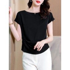 批发夏季新款黑色遮肚子<b class='q'>收腰</b><b class='q'>雪纺衫</b>女短袖宽松上衣洋气小衫