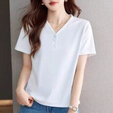 批发夏季新款修身<b class='q'>妈妈</b>装纯色V领休闲短袖T恤女百搭显瘦洋气质上衣