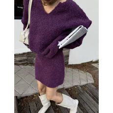 批发新款~韩版慵懒风气质休闲V领纯色毛衣+百搭半身裙套装女