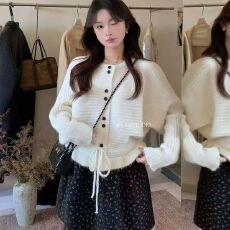 批发新款~温柔风甜美设计感圆领套头收腰<b class='q'>荷叶边</b>下摆针织衫<b class='q'>毛衣</b>女