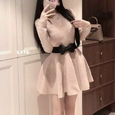 批发新款~法式名媛V领蝴蝶结针织<b class='q'>连衣裙</b>女收腰显瘦晚宴打底蓬蓬短裙