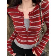 批发新款~韩系设计感修身显瘦条纹假两件长袖针织衫上衣女
