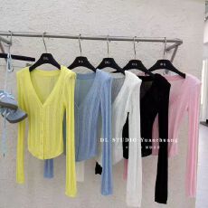 批发新款~韩版<b class='q'>糖果</b><b class='q'>色</b>系洋气百搭V领镂空坑条长袖针织<b class='q'>开衫</b>女