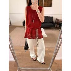 批发新款~圆领宽松针织提花工艺毛边设计度假风中长款连衣裙女