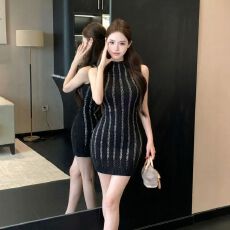 批发新款~设计感性感纯欲辣妹修身显瘦无袖针织连衣裙女