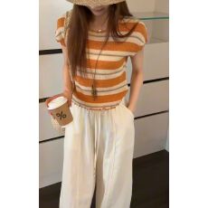 批发新款~韩版<b class='q'>甜美</b>撞色条纹木耳边短袖针织衫上衣女