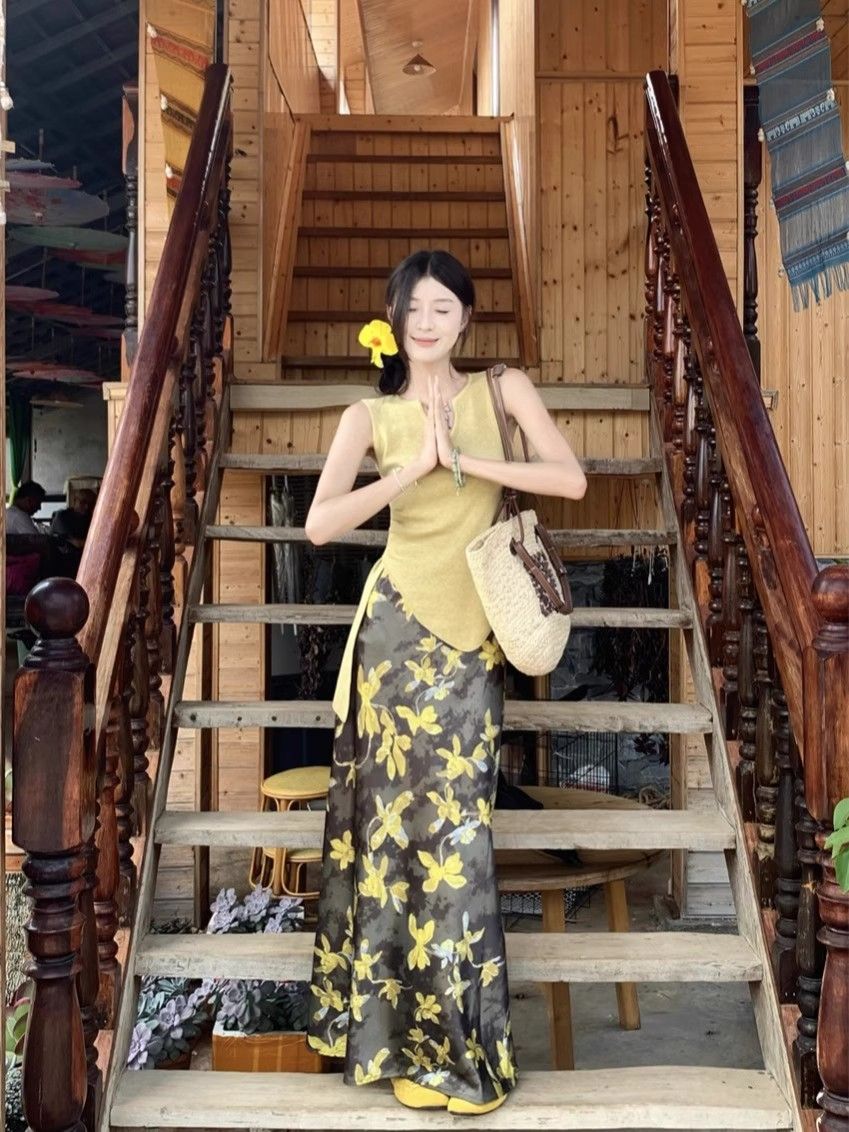 FA33222# 原版质量高级感不规则系带上衣晕染半身裙女25夏新款时尚两件套潮 服裝批發女裝批發服飾貨源