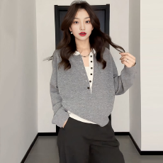 批发原版质量 韩系假两件毛衣针织衫女25春秋新款宽松<b class='q'>显瘦</b>内搭上衣潮