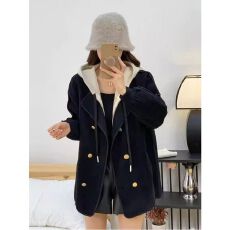 原版设计感假两件连帽毛呢外套女秋冬新款针织拼接双面呢子大衣潮