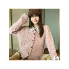 批发原版宋正恩粉色假两件polo领针织开衫女25冬季外穿独特毛衣外套潮