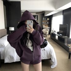批发原版 韩系慵懒风连帽卫衣外套<b class='q'>女</b>春秋宽松拉链开衫高腰<b class='q'>短裤</b>套装潮
