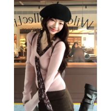 原版质量韩系粉色v领波点丝带毛衣女春秋绝美设计内搭针织上衣潮