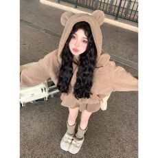 批发秋<b class='q'>冬</b>韩系奶咖小熊ins风羊羔毛连帽加厚外套高腰花苞短裙两件套潮