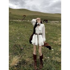 批发原版韩系荷叶边长袖V领衬衫连衣裙女春秋新款甜美设计<b class='q'>显瘦</b>短裙潮