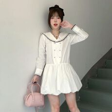 批发原版 法式复古海军领长袖连衣裙女春秋新款短款收腰<b class='q'>显瘦</b>花苞裙潮