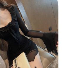 批发原版质量 春秋网纱喇叭袖<b class='q'>假两件</b><b class='q'>连衣裙</b>女冬季新款收腰包臀短裙潮