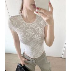 批发原版辣妹韩系蕾丝纯色<b class='q'>短袖</b>T恤女26春夏新款设计感百搭修身上衣潮