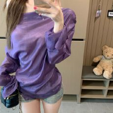 批发原版钻石皱+蕾丝拼接<b class='q'>网纱</b>斜肩长袖衬衫女夏季紫色衬衣薄款上衣潮