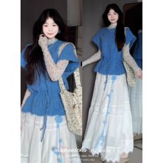 批发原版复古蓝色抽绳针织<b class='q'>马甲</b>叠穿碎花上衣女春新款高腰半身裙套装潮