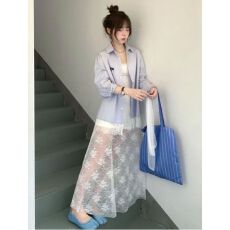 批发原版韩系气质衬衫上衣蕾丝吊带长裙套装女春夏设计感清新两件套潮