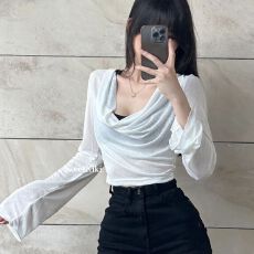 批发韩系辣妹沙丘废土风<b class='q'>防晒</b>性感上衣女春夏设计感长袖露脐短款T恤潮