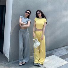 批发纯棉时尚休闲运动套装<b class='q'>女</b>夏季辣妹修身短款圆领短袖阔腿<b class='q'>长裤</b>两件套