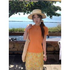 批发法式冰丝薄款微透简约短袖卷边T恤女修身显瘦时髦百搭针织衫上衣