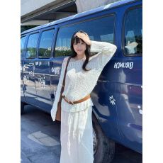 韩系慵懒复古肌理感镂空针织衫女春秋新款一字肩软糯毛衣上衣潮