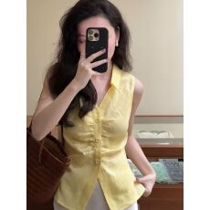 批发时尚洋气绝美黄色Polo领无袖衬衫女夏季新款简约减龄淡人穿搭上衣