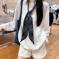 批发韩系套装女<b class='q'>春</b>夏新款丝巾亚麻防晒长袖T恤薄休闲短裤松弛感两件有