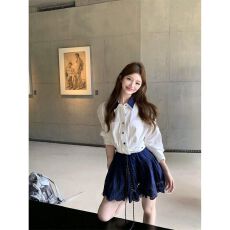 批发韩系时尚套装女春夏学院风POLO领长袖衬衫高腰a字半身短裙两件套