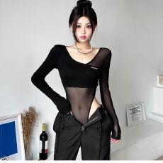 批发韩系人棉拼接网 性感拽姐风黑色网纱拼接长袖<b class='q'>T</b><b class='q'>恤</b>女春夏打底连体衣