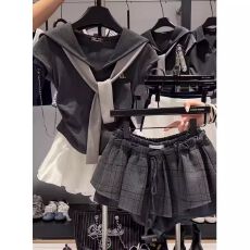 批发韩系海军领撞色假两件套<b class='q'>女</b>夏季新款收腰短袖T恤+花苞<b class='q'>短裤</b>裙套装潮