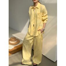 批发黄色度假风衬衫套装女2026夏秋季穿搭一整套防晒衬衣长裤两件套潮