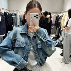 批发复古风做旧牛仔外套女宽松<b class='q'>百搭</b>减龄气质上衣秋季新款长袖翻领女装