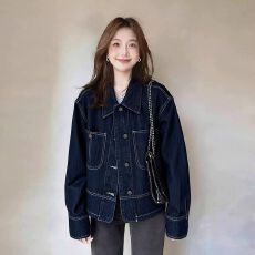 批发蓝色美式复古翻领牛仔外套女2026秋季新款高级感休闲宽松夹克上衣