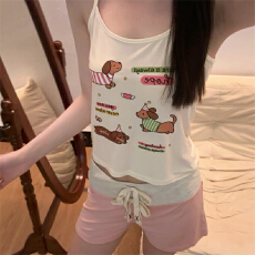 批发黛琳芬仿棉吊带袖短裤女士睡衣套装卡通季套头家居服pajamas189